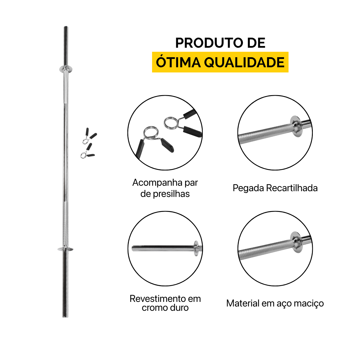 Barra Reta Maciça Para Anilhas 2,00 m com Presilhas